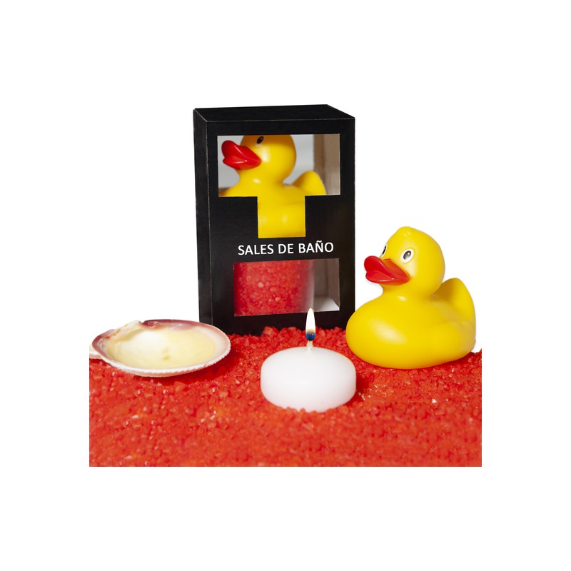 SET DE SALES DE BAÑO FRUTOS ROJOS 150 GR. CON PATO BAÑERA, VELA AROMATICA Y CONCHA