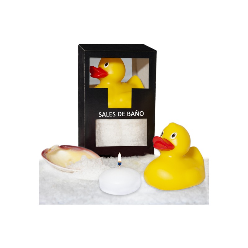 SET DE SALES DE BAÑO COCO 150 GR. CON PATO BAÑERA, VELA AROMATICA Y CONCHA